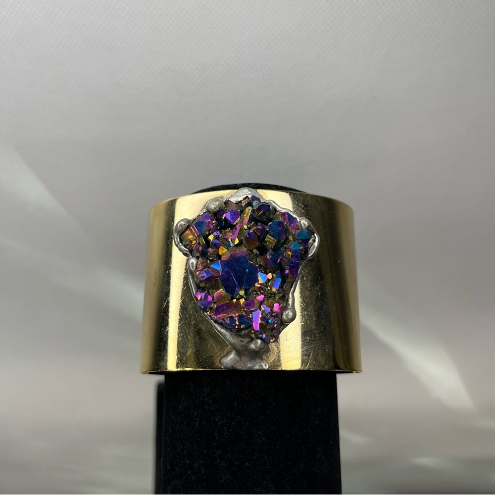 Brutalist Titanium Quartz Purple Blue Crystal Gold Tone Cuff Bracelet